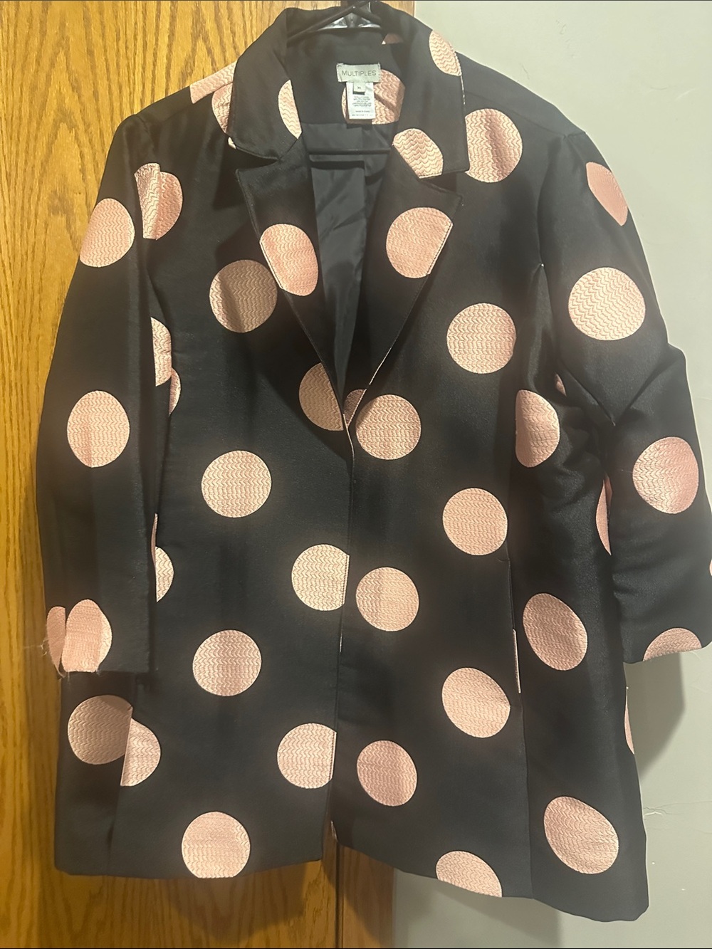 Multiples Black Satin Blazer with Pink Polka Dots